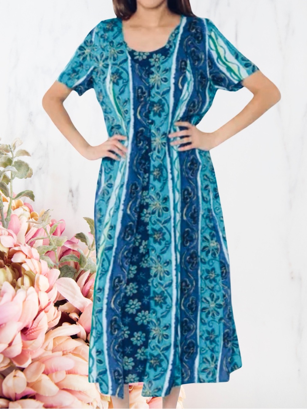 Brett Alixander Vintage Floral Maxi Dress Teal Blue Buttons Layered Sz 16